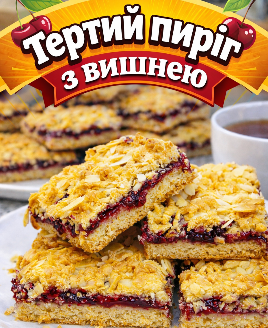 🍽️ Тертий пиріг з вишнею: ніжне розсипчасте тісто та ароматна кисло-солодка вишнева начинка (простий рецепт)