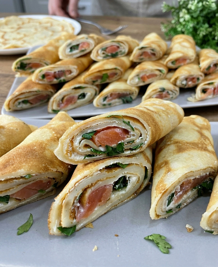 🍽️ Готую оригінальну закуску на святковий стіл і на сніданок після свята: смачні млинці з червоною рибою і сиром, від яких і шматочка не залишиться