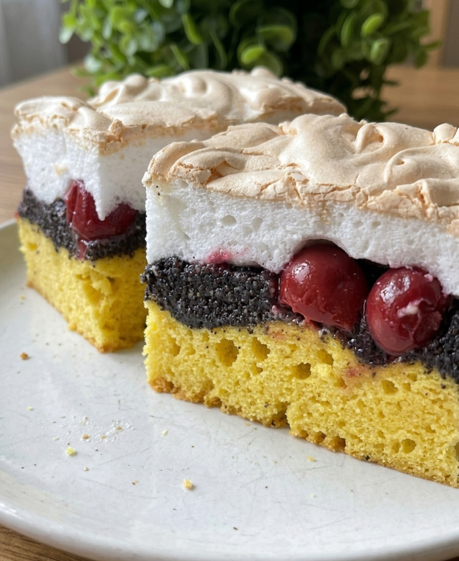 🍽️ Пиріг із ніжною маковою начинкою, вишнями і меренгою – Буду рада якщо приготуєте. Рецепт легкий