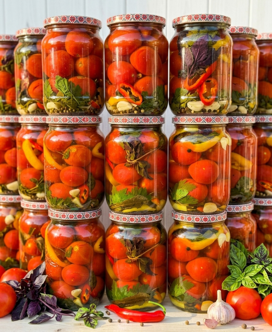 🍽️ Мариновані помідори з базиліком на зиму. До смаку просто ідеальні! Я б сказала, що це найсмачніший рецепт маринованих помідорів