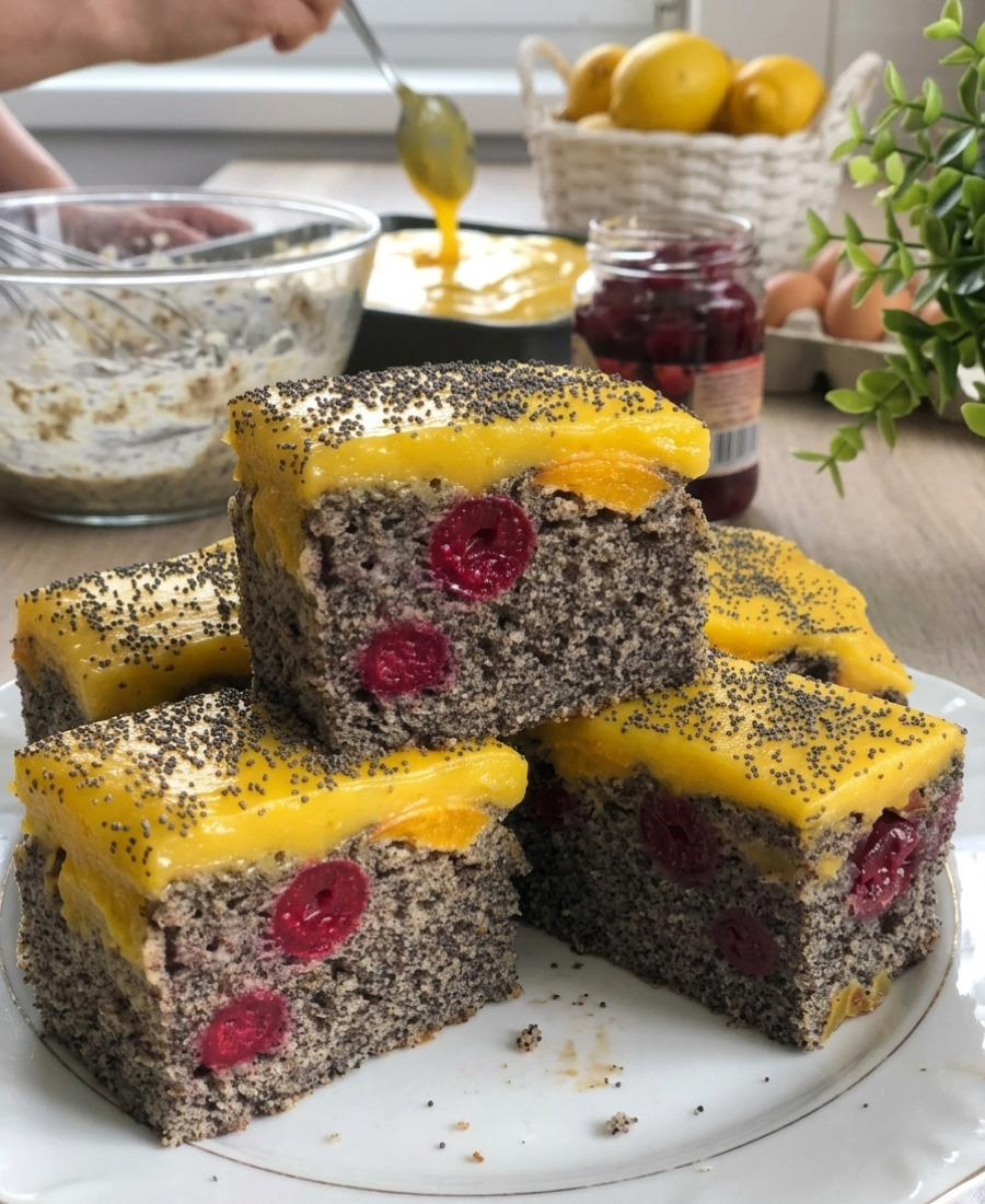 🍽️ Пляцок або пиріг маковий із вишнями, персиками і легким персиковим кремом