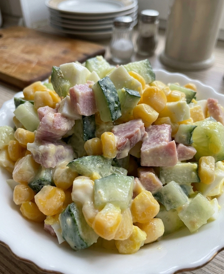 🍽️ Салат з копченим м’ясом, свіжим огірочком і кукурудзою – альтернатива звичного Олів’є